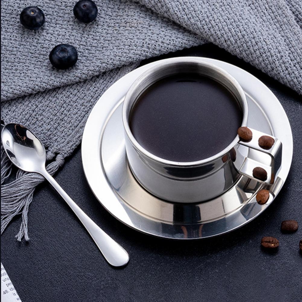 Stainless Steel Double Layer Coffee Cups Mug And Saucers Spoon Sets With Box Tea Soy Milk Breakfast Mugs Dessert Plate