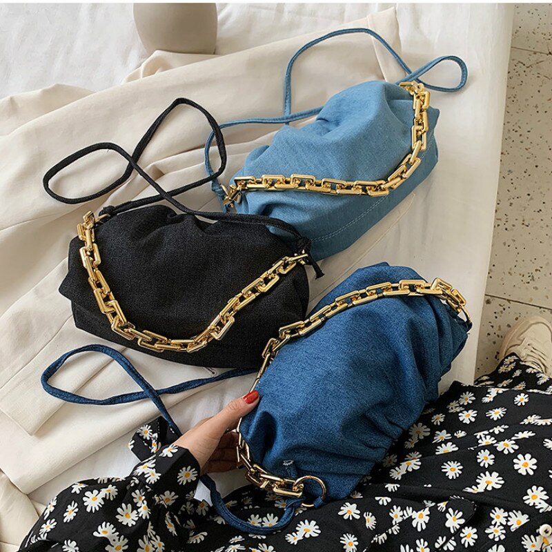 Ruwe ketting dames handtassen cowboy blauwe bao denim vrouwelijke cloud crossbody tassen vouwbare dames schoudertassen