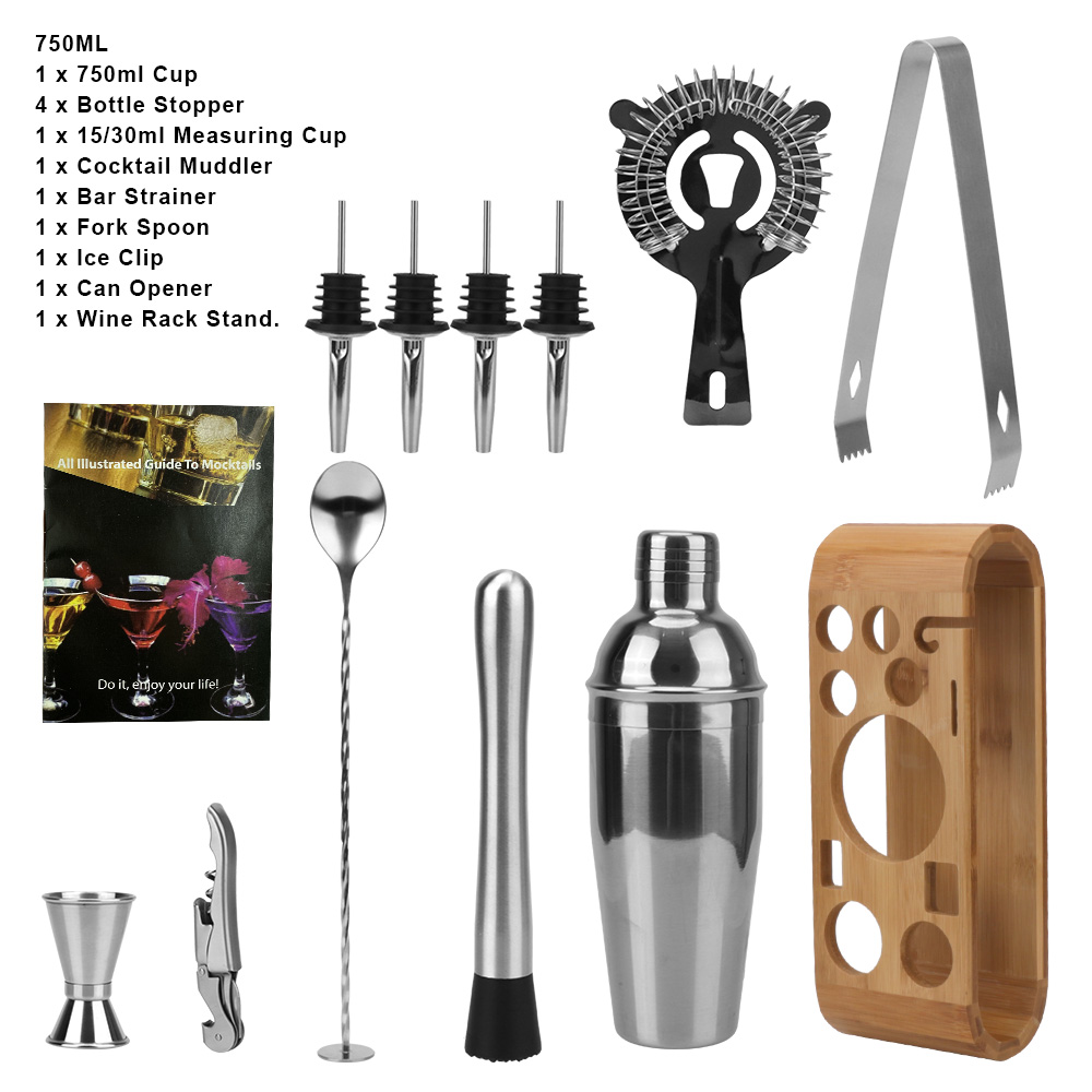 Jigger Mixing Spoon Tong Bars Mixed Drinks Bartender Tools Wood Storage Stand Barware Mocktail Tools Cocktail Shaker Set: 750ml