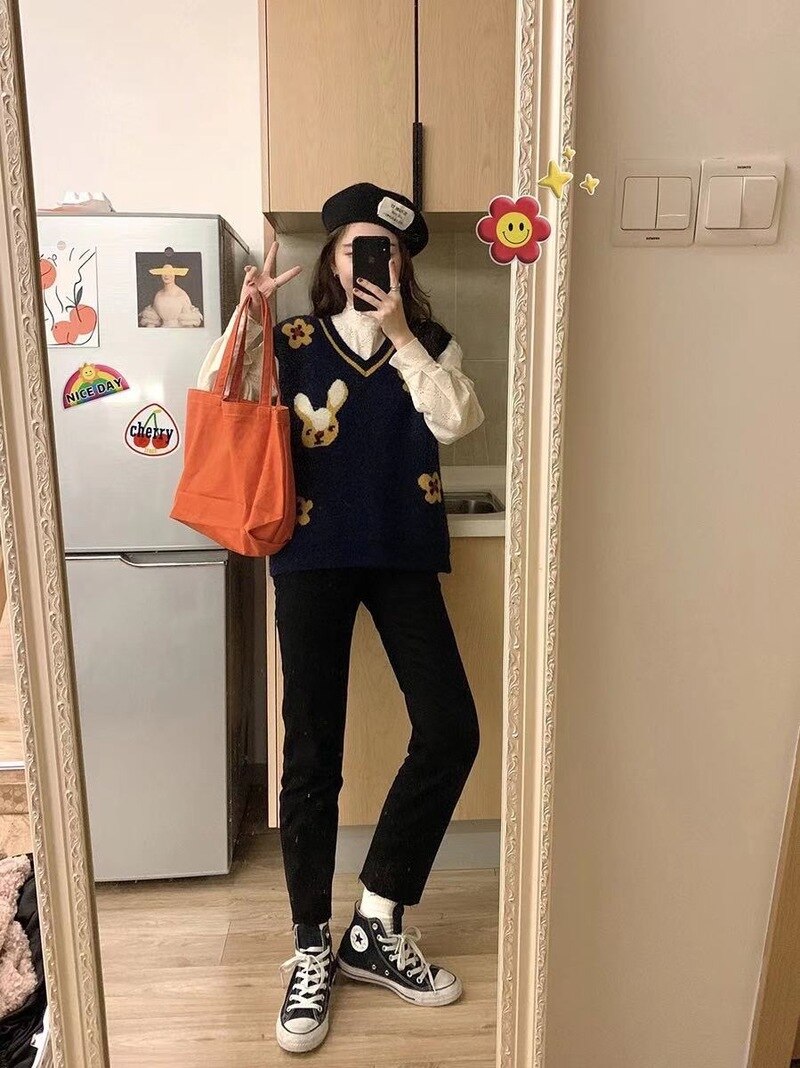 Fat Boss Wang Qiu Dong Season with A Sleeveless Sweater Wears Outside Cute Cartoon Female Vest Vest