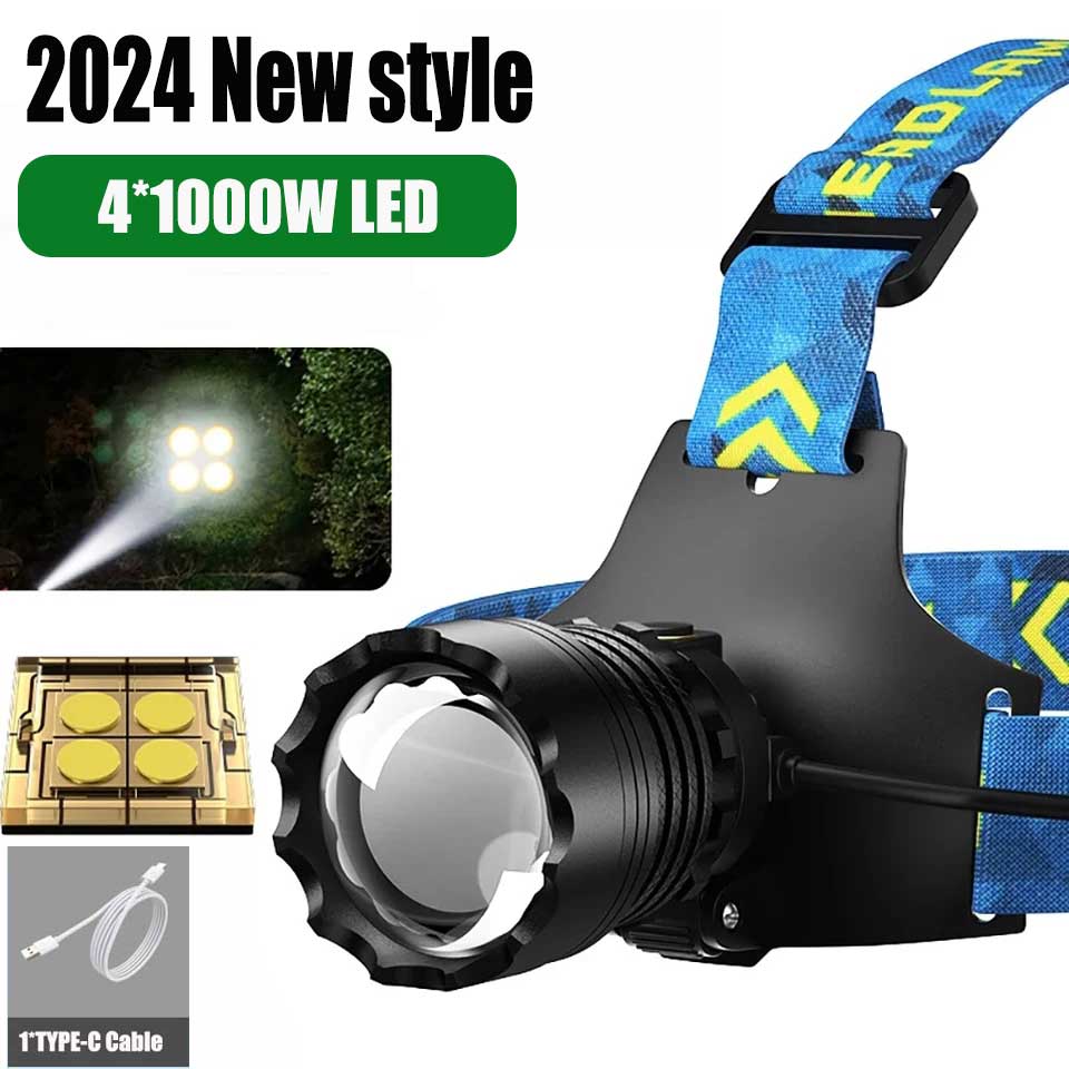 4000w kraftfulla led-pannlampor 18650 usb-uppladdningsbara huvudficklampor 3 lägen superljus pannlampa ipx 6 vattentäta strålkastare: Blå / Beige