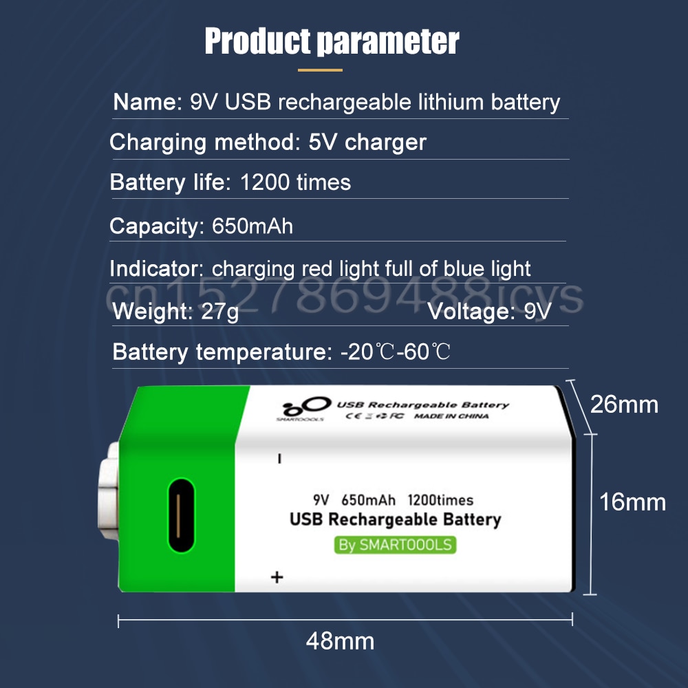 9V 650mAh 6F22 USB Rechargeable Lithium Battery For Wireless Microphone Alarm Guitar RC Helicopter KTV Use With Charging Cable