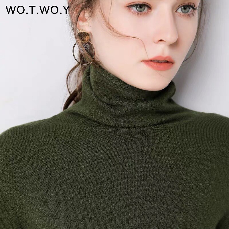 Wotwoy höst vinter slimmad tröja dam basic bottenstickat dam stickade bomullströjor femme jumper