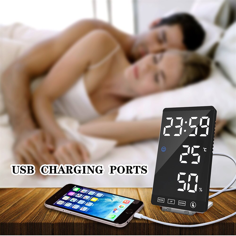 Horloge de Table avec miroir, horloge avec température météo, compteur électronique de température et d'humidité, thermomètre numérique
