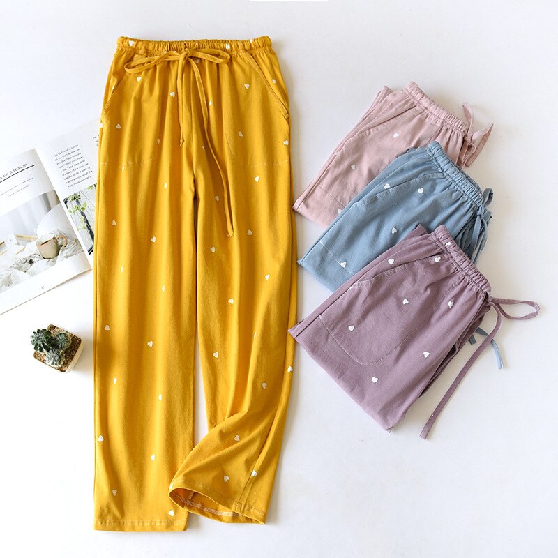 Pantalones de algodón de punto para mujer, pantalones de Casa bonitos de amor, de verano, finos, para dormir, para las cuatro estaciones