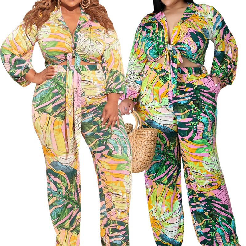 5XL Plus Size Two Piece Set Women Bandage Shirt Tops And Pant Suits Summer Dashiki Print Beach Oversize Outfits