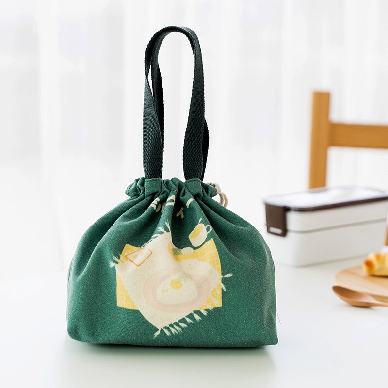 Japanse Lunch Tas Handig Draagbare Canvas Tas Grote Capaciteit Verdikte Thermische Isolatie Lunchbox Tas: Beam mouth-Green