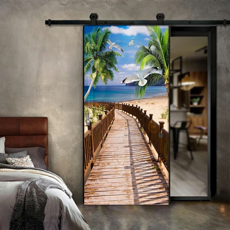 3D Coconut Tree Seascape Wall Window Door Sticker Removable Mural Poster Waterproof Wall Sticker Imitation 3D Door Decal Tapety