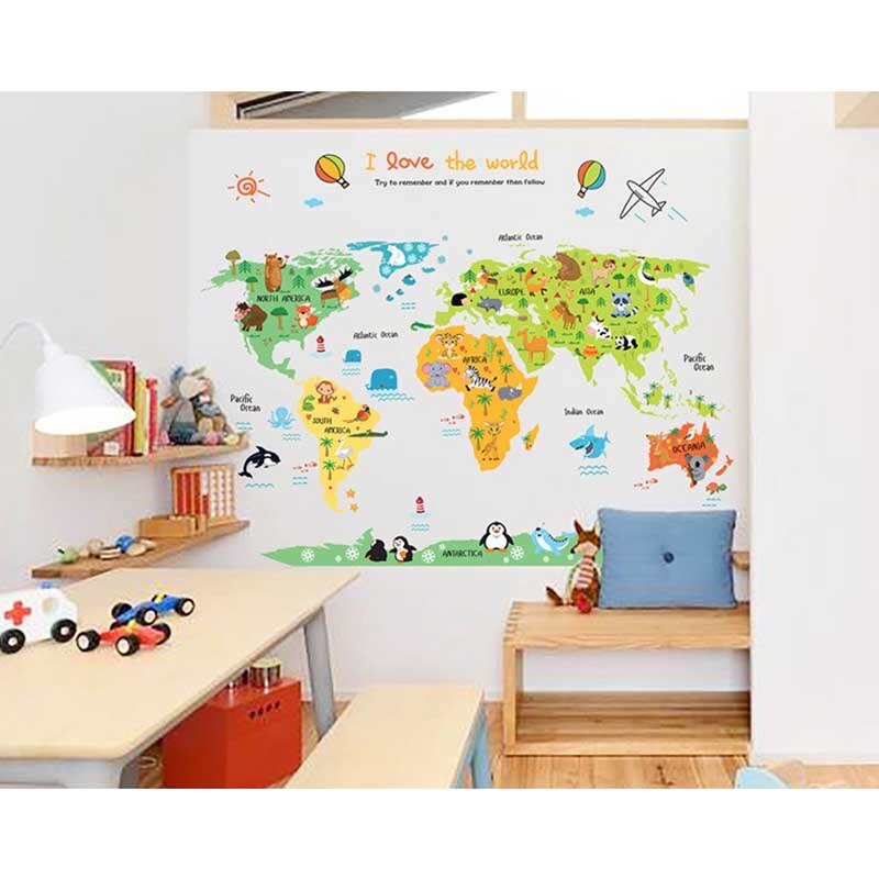 Cartoon Safari Animals World Map Nursery Wall Stickers for Kids Room Decoration Letters Global Maps WXV