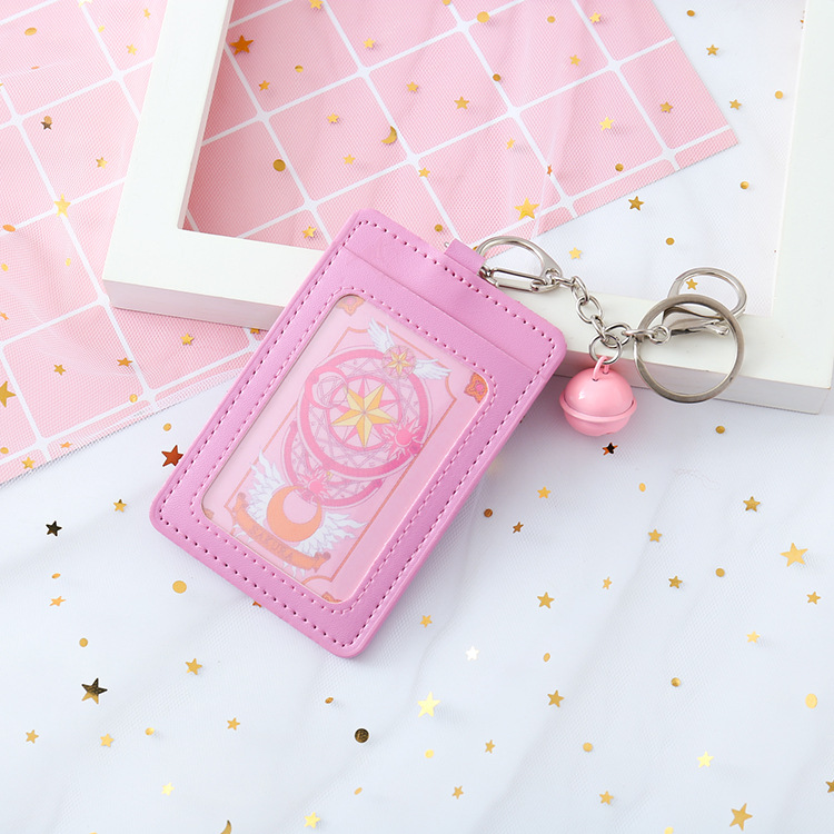 Pink Girl ID Card Holder PU Wallet With Small Bell Student Bus Card Set Cover Women Holder Bags Travel Accessories: pentagram