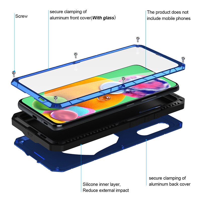 For Samsung Galaxy A90 5g Phone Case Hard Aluminum Metal Case Tempered Glass Screen Protector Cover Heavy Duty Protection Cover