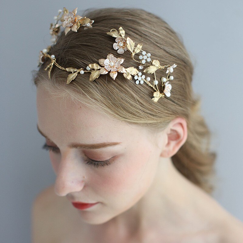 Tiara de flores para boda con hojas de oro, accesorios de estrás para el pelo, diadema nupcial hecha a mano, tocado de para mujer