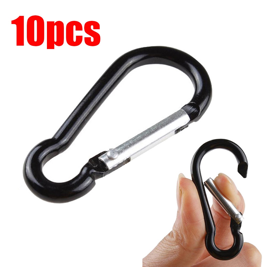 Mosquetón tipo D de aleación de aluminio negro, 10 Uds., Clip de resorte para exteriores, llavero con ganchos, escalada, Camping, senderismo, #50
