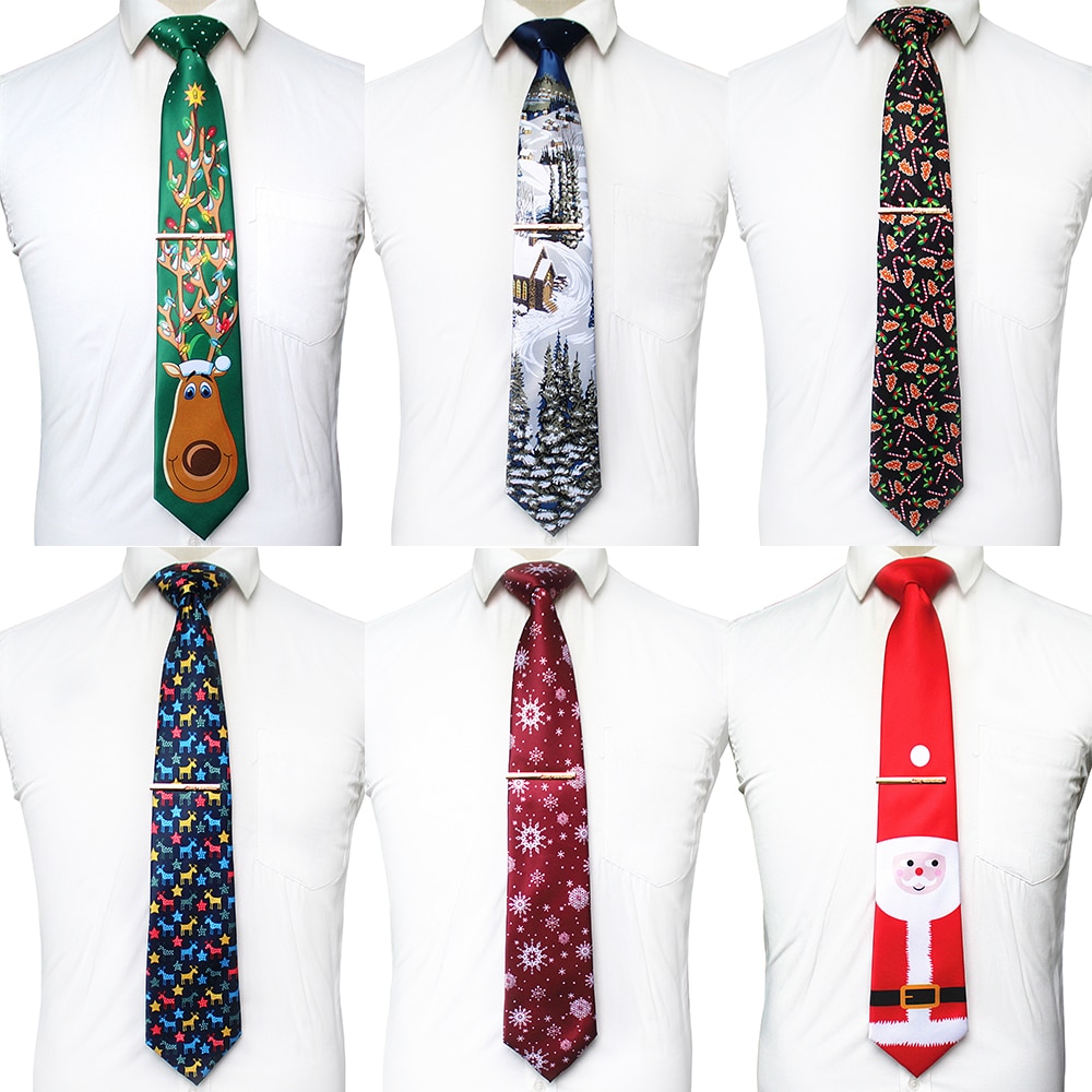 Kamberft julebånd til mænd 9cm snefnug dyre træ nyhed trykt slips og slips klips sæt