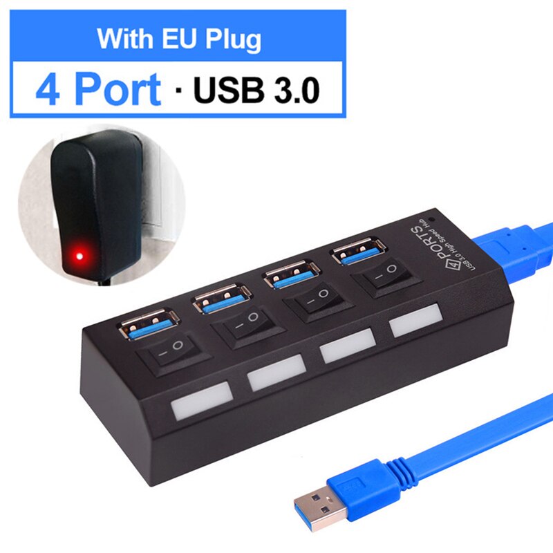 USB HUB 3.0 2.0 Multi 4 7 USB Port Switch With Power Adapter Computer PC Laptop Notebook Accessories Splitter Usb Multiple Hab: 3.0 4 Port with EU