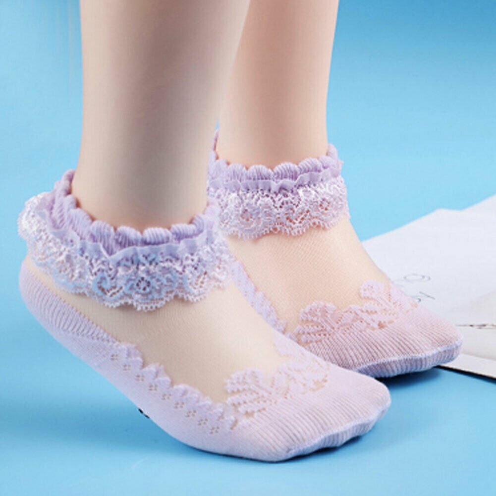 Blonde piger baby prinsesse børn ankelstrømper frilly spædbarn pige småbørn pink hvid blonde blomster korte sokker: Lilla / 3t