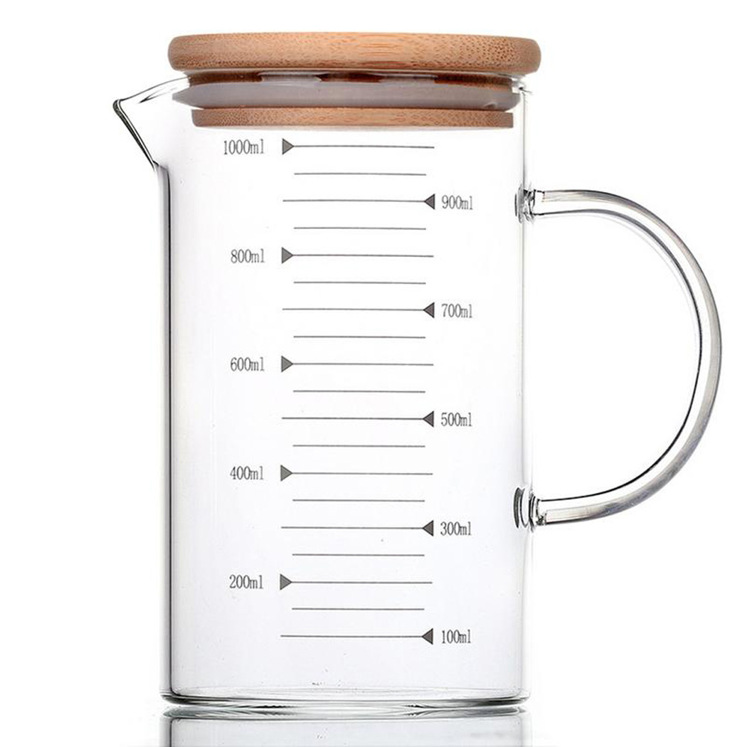 Verre borosilicaté, tasse de mesure en verre, résistant à la chaleur, 33.81oz, bécher Transparent, café, lait, micro-ondes: With Bamboo Lid