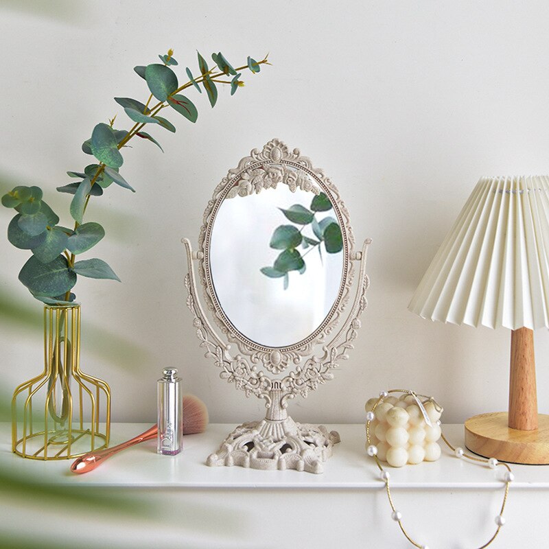 Cutelife nordisk sølv plast vintage dekorativt speil lite rundt sminke soveromsspeil ins bord rom stående glass speil