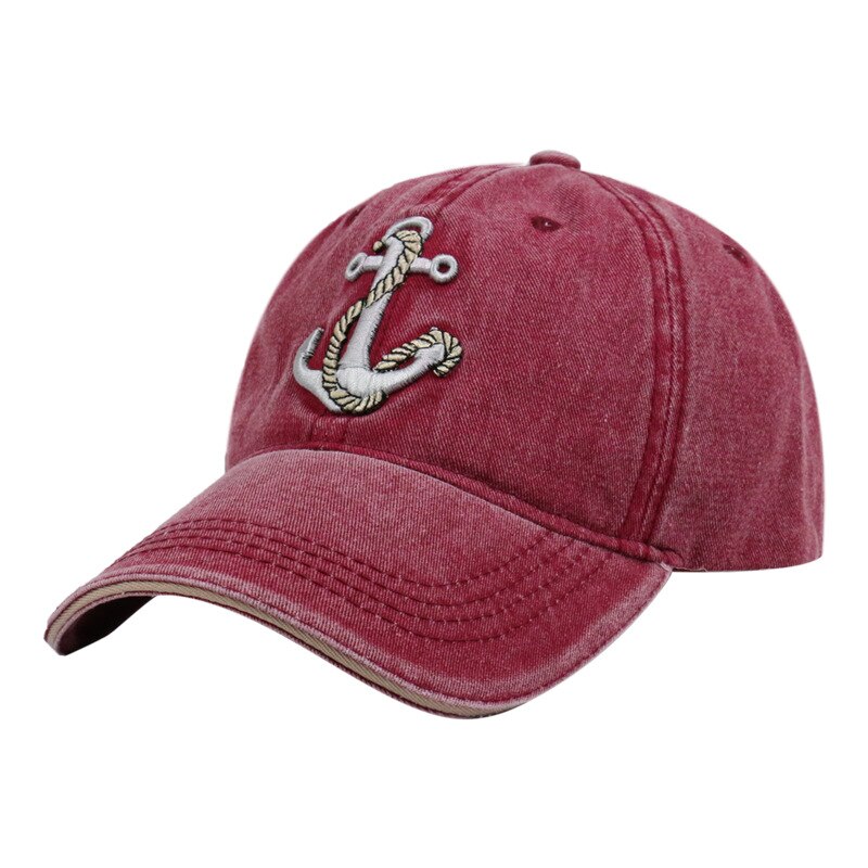 Hip hop sailor male Washed do old style anchor embroidery baseball caps retro hat outdoor sun shade curved brim cap man: CLARET RED