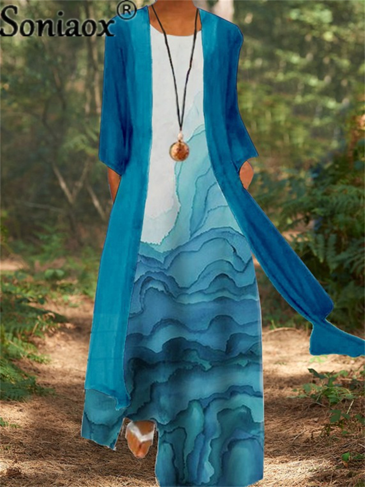 Two-Piece Set Lady Flower Print Sleeveless Maxi Dress With Cardigan Clothes Women Summer Boho Dresses Coat