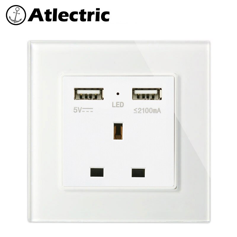 Atlectric UK Standard Wall Socket Tempered Glass Panel Power Outlet Dual Usb Socket 86mm*86mm Mobile Adapter 13A