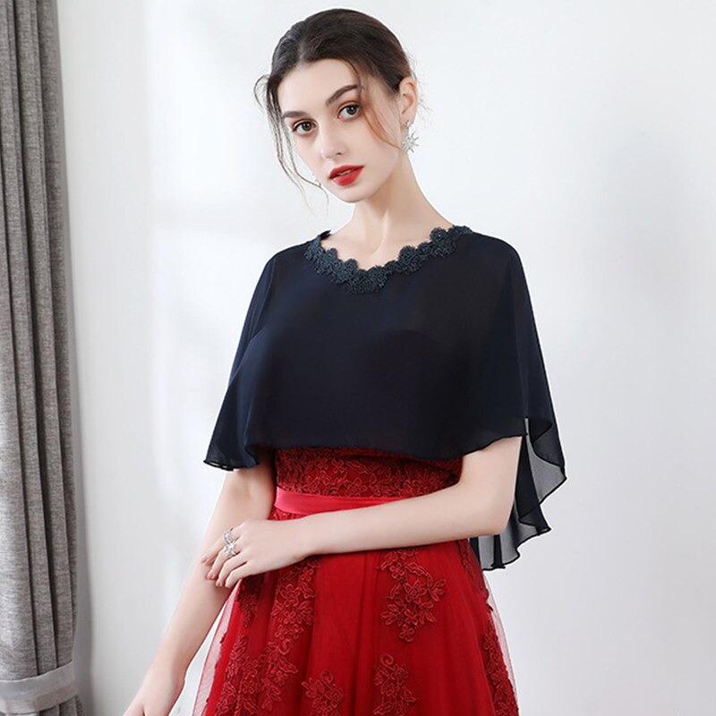 Cape en mousseline de soie pour femmes, châle doux et léger pour mariée, col rond, longue tenue de soirée: Navy