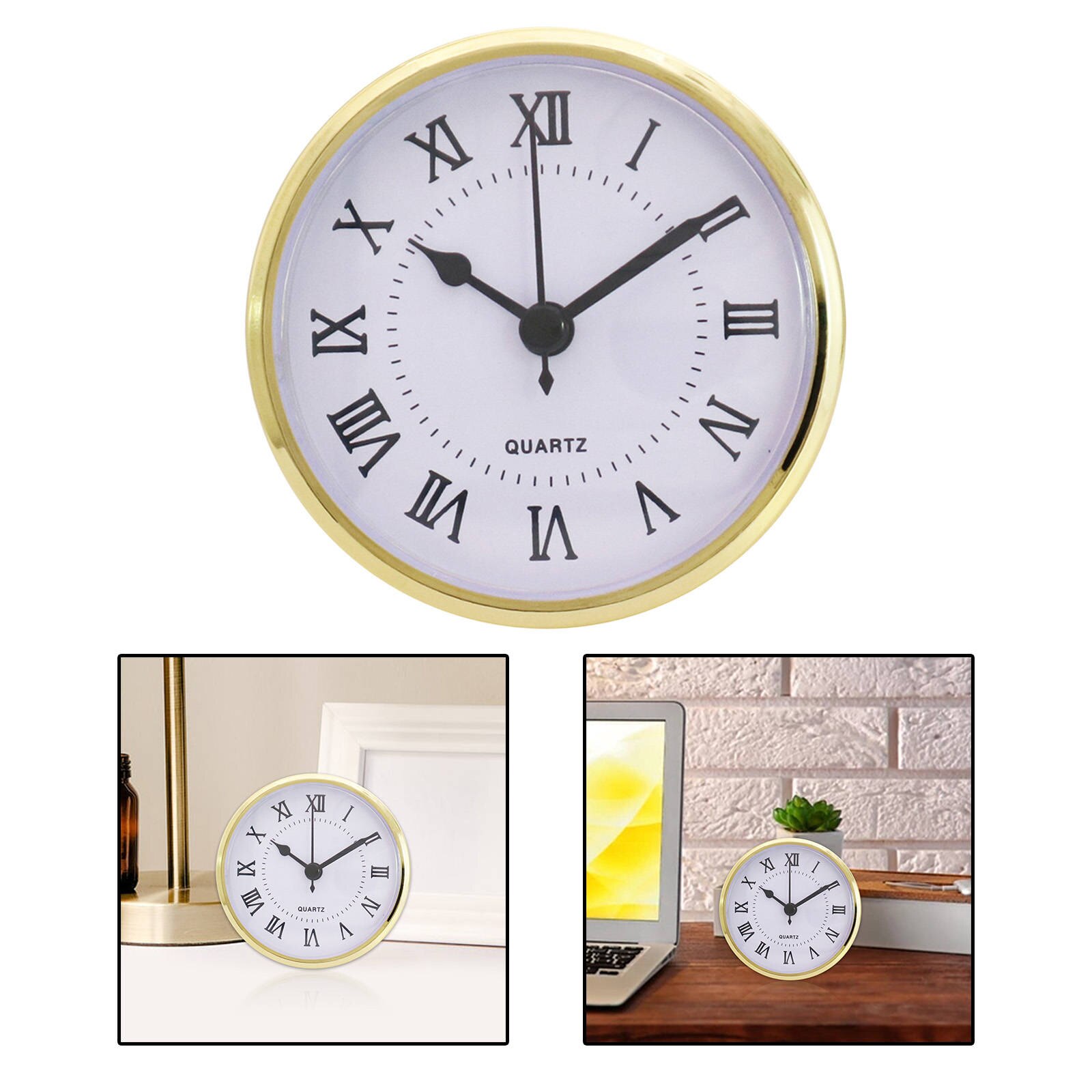 Mini horloge avec chiffres romains de 3.54 pouces, outils romains, garniture en or, tête ronde, Face blanche, batterie