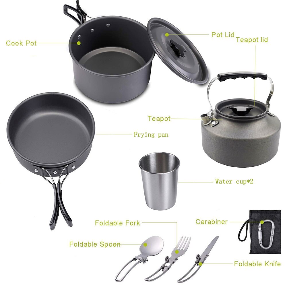 1 Set Outdoor Potten Pannen Camping Kookgerei Picknick Koken Set Non-stick Servies Met Opvouwbare Lepel Vork Mes Ketel cup