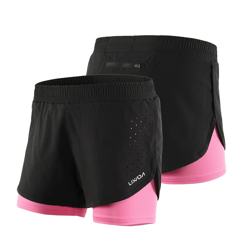 Lixada Frauen 2-in-1 Laufhose Schnell Trocknend Atmungs Aktiven Ausbildung ÜSpund Joggen Radfahren Fitness kurze Hose Fitnessstudio kurze Hose: Schwarz und Rosa / XL