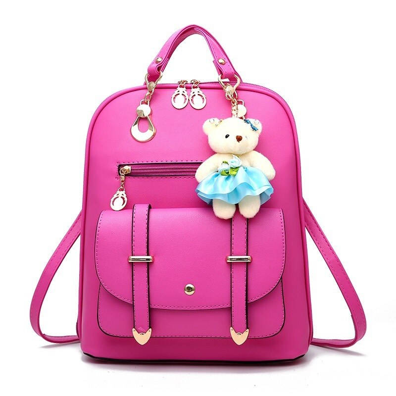 DIOMO Women Backpack Casual Cute for Girl School Bag Pu Leather Bear Pendant Multi-color Optional: Hot Pink