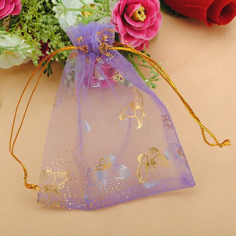 100 Stks/partij 10X12Cm Drawable Organza Zakjes Koord Zakjes Paarse Vlinder Bruiloft Snoep Sieraden Verpakking Party Bags zakjes