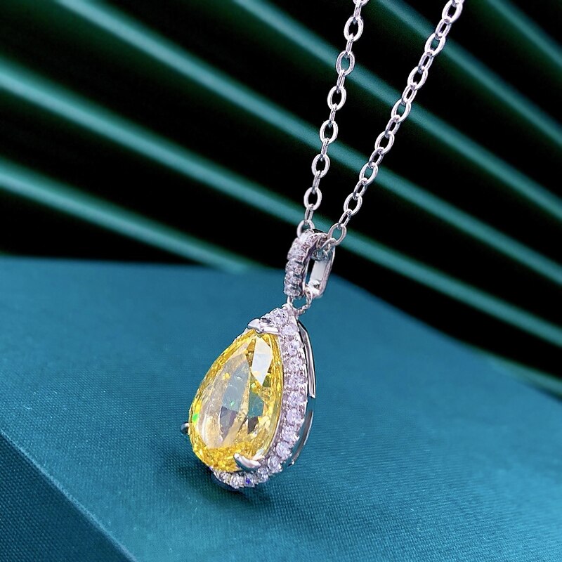 OEVAS 100% 925 Sterling Silver 8*12mm Yellow Water High Carbon Diamond Pendant Necklace For Women Sparkling Fine Jewelry