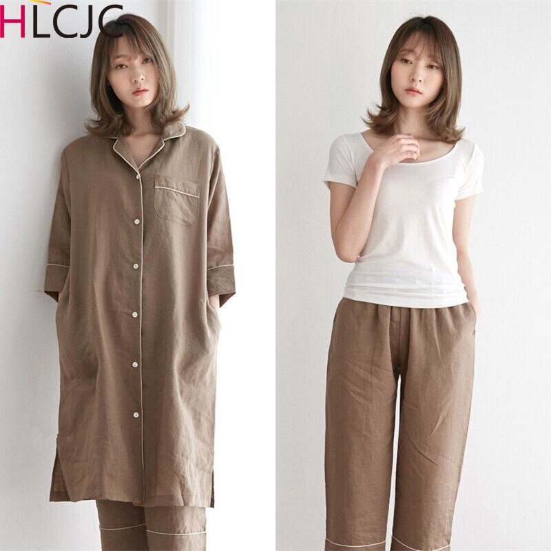 Sleepwear 3 Pieces Pyjama Set Women Spring Summer Linen Cotton Pajamas Sets Sleep Suit Sweet Cute Nightwear Home Clothes