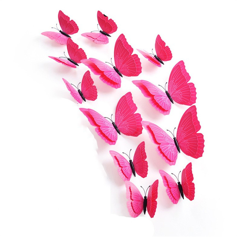 Autocollant mural papillon 3D Double couche, 12 pièces, pour la décoration de la maison, aimant pour réfrigérateur, colle gratuite: Rose B