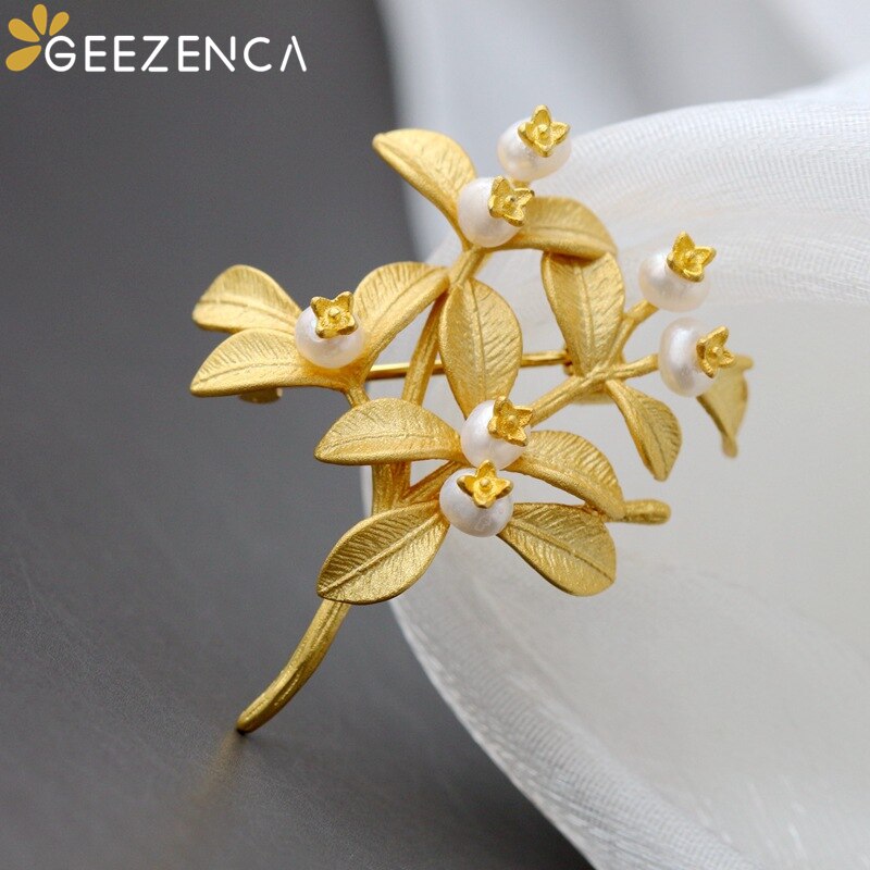 Geez"s925 argento placcato oro perle d'acqua dolce naturali spilla da donna gioielleria raffinata ramo di un albero foglia spille spille regalo alla moda