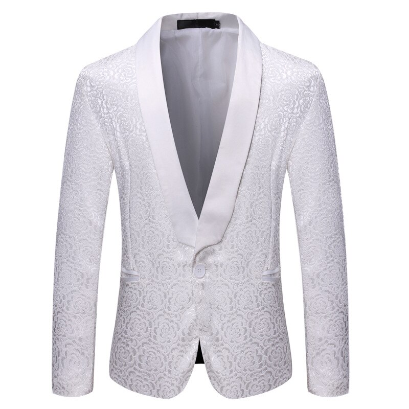 Shenrun – veste Jacquard noire et blanche pour homme, style Business décontracté, châle, veste de smoking à revers, costume de chanteur et hôte de scène: White / S