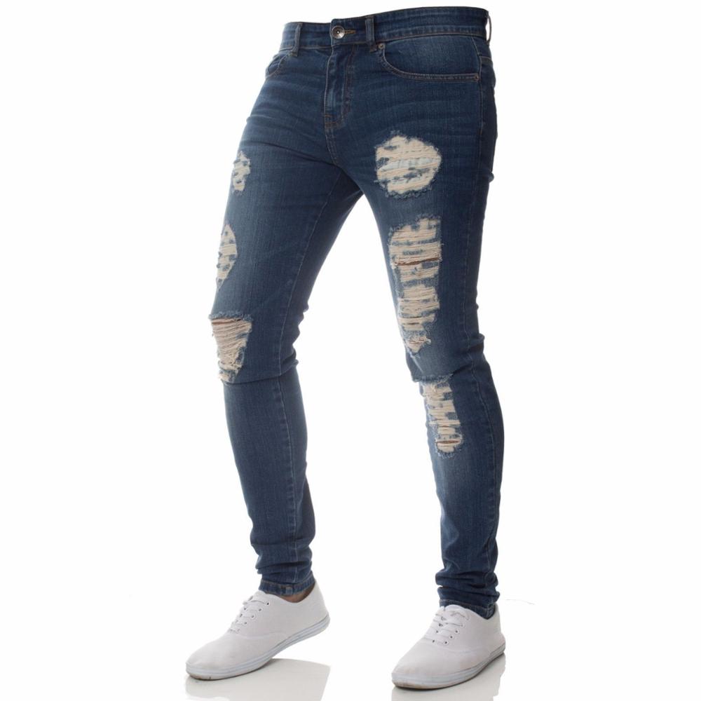 Herr casual skinny jeans byxor herr solida svarta slitna jeans herr slitna tiggarjeans med knähål för ungdomsmän: Blå / S