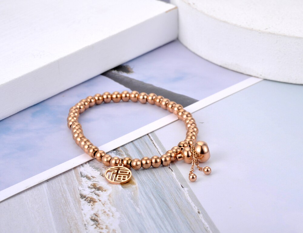 Lokaer Etnische Chinese Stijl Rvs Goede Luck &amp; Kalebas Charme Armbanden Voor Vrouwen Rose Gold Kralen Armband Sieraden B20138