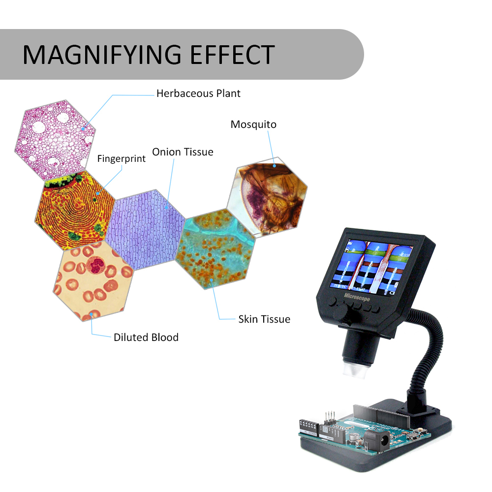 Microscope numérique électronique LCD Portable à haute luminosité, 8 led réglables et batterie au Lithium intégrée G600