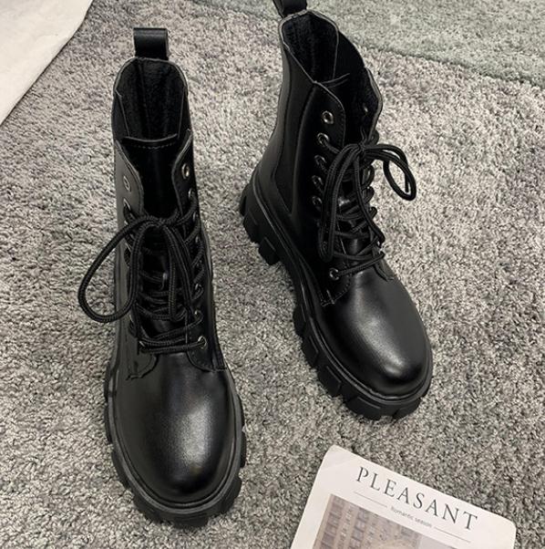 Botas Martin al tobillo de charol negro para mujer, botas con plataforma alta, antideslizantes, suela resistente al desgaste, botines para mujer
