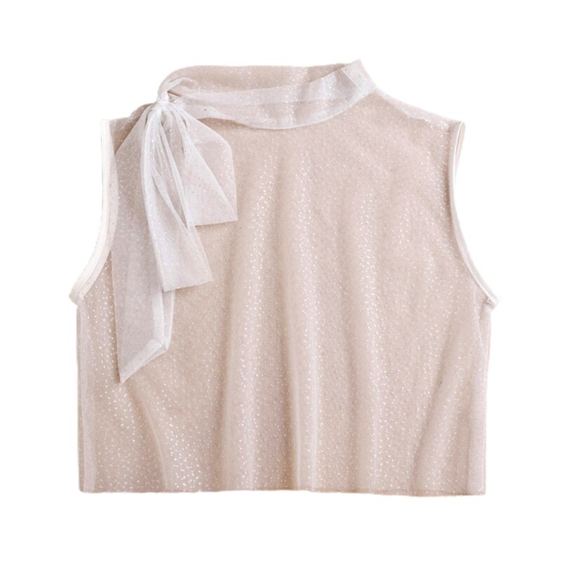 Dames coltrui strik nep kraag doorschijnend gaas glanzende pailletten afneembare trui half topje shirt decoratief vest: W