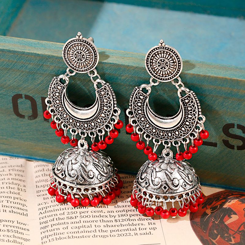 Ethnic Silver Color Gypsy Indian Earrings For Women Boho Jewelry Beads Bell Tassel Jhumka Earrings Ladies Retro Earrings