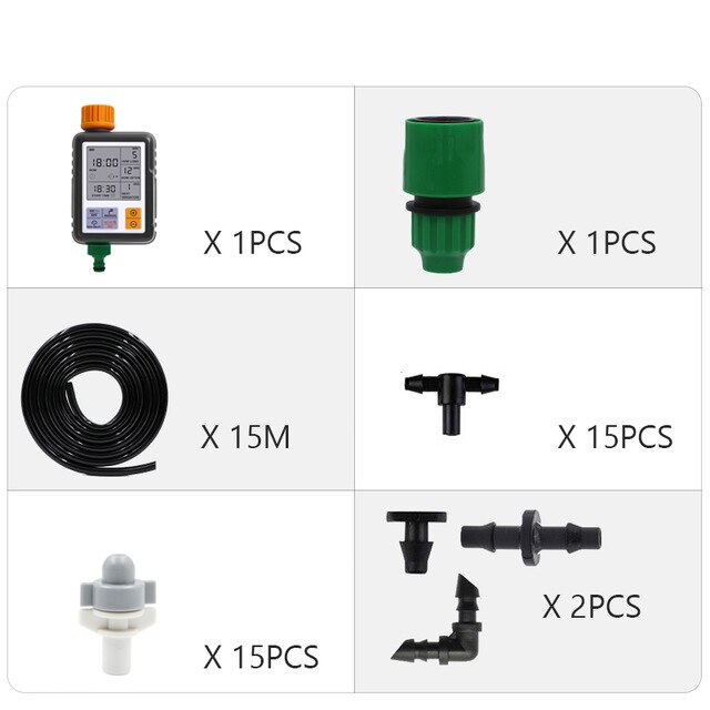 Automatic Micro Drip Irrigation System Garden Irrigation Spray Self Watering Kits with Adjustable Dripper: 15M And Timer