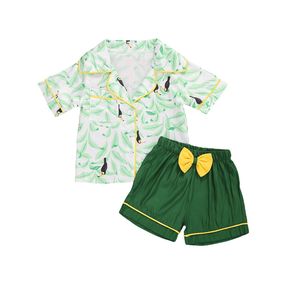 6M-5Y freundlicher Kleinkind Baby Jungen Nette Schlafanzug einstellen tropisch Blätter Drucken Kurzarm T Shirt + Bowknot + kurze Hose + roben Nachtwäsche einstellen