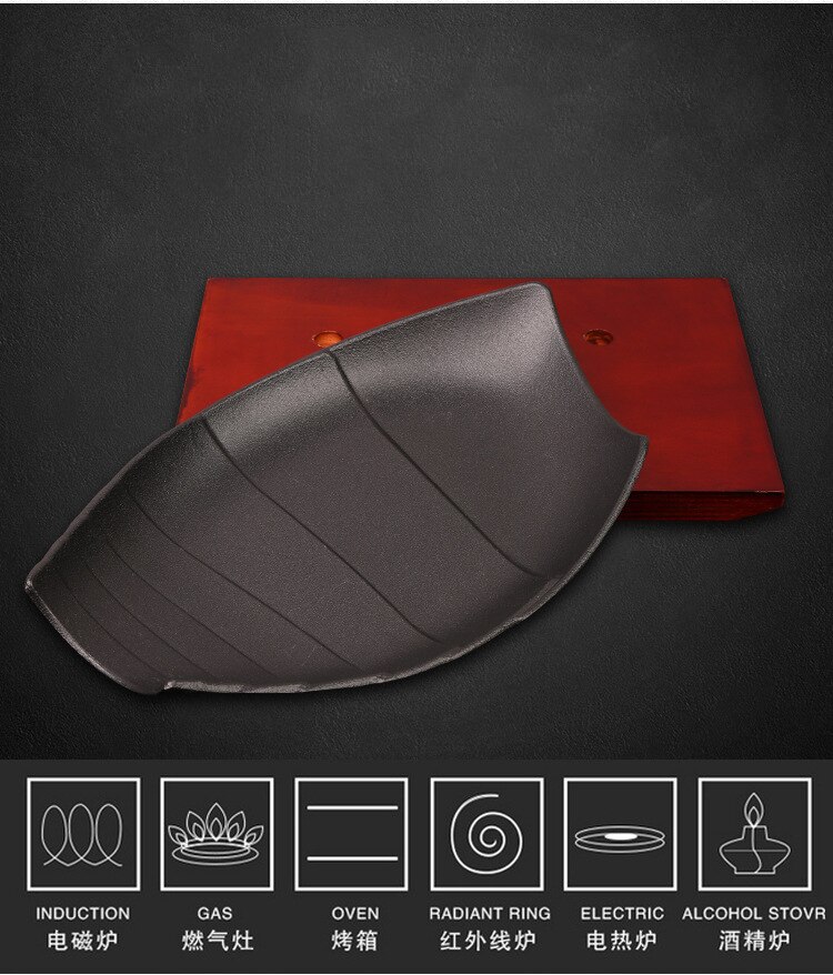 Non Stick Gietijzeren Roosteren Steak Pan Emaille Gebakken Pot Plaat Koekenpan Houten Base Houder Kookgerei Gas Oven Elektrische Onregelmatige