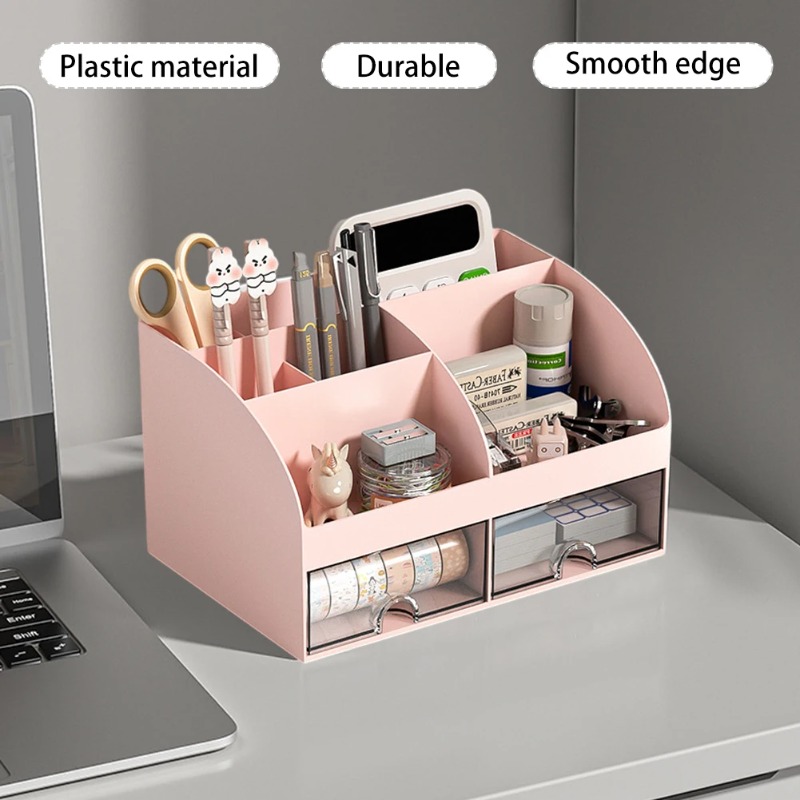 Home Office Desktop Stationery Storage Box 6 Compartments 2 Drawers Decorative Desk Organizer Dressing Table Makeup Storage Case