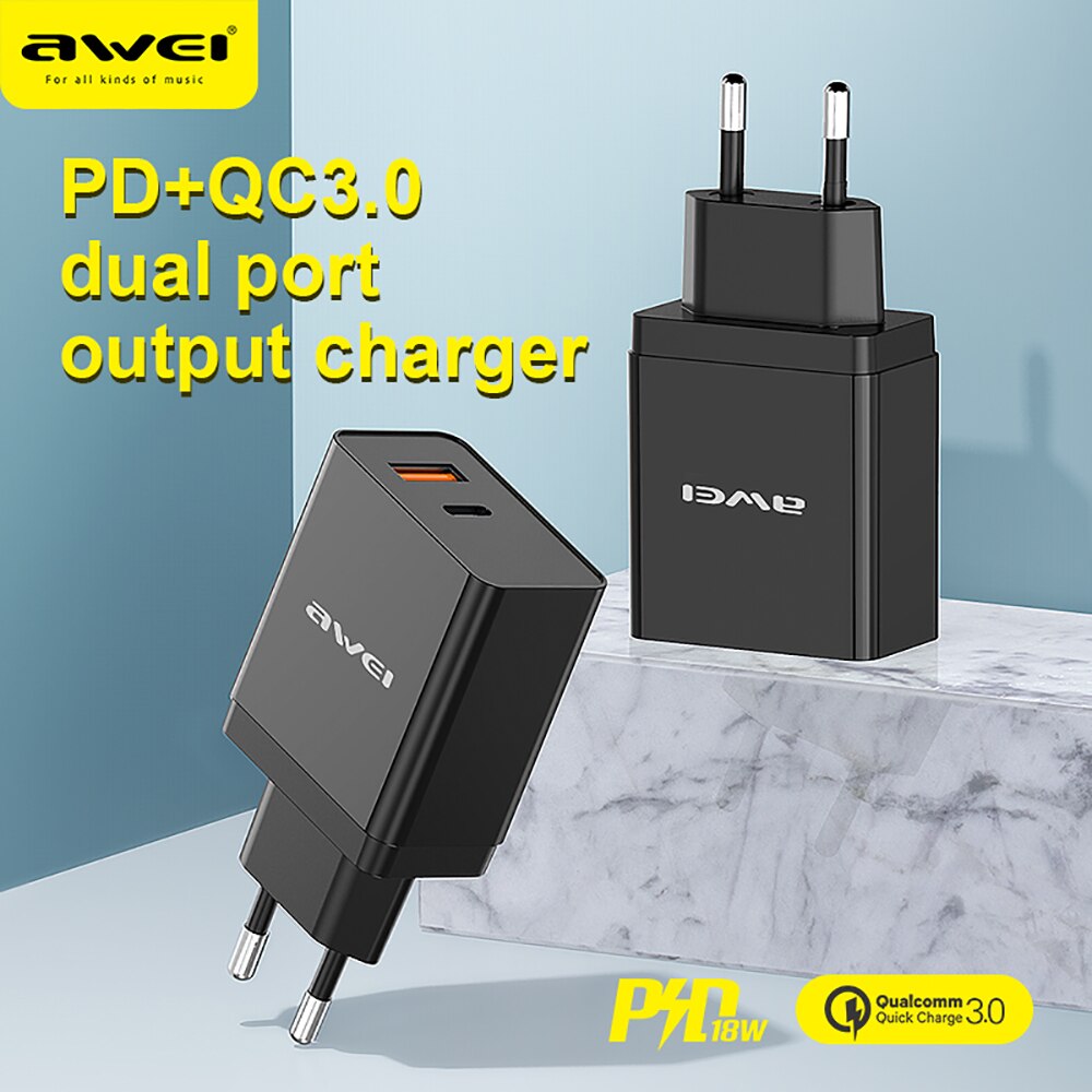 AWEI C-980 PD 3.0 QC 3.0 Quick Charger 18W USB Telefoon Adapter EU Plug Snel Opladen voor Xiaomi Samsung iPhone 7