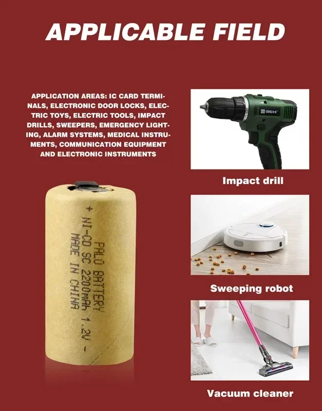 Batería recargable SC de 1,2 V, célula de NI-CD Sub C de 1,2 V y 2200mAh con pestañas de soldadura para taladro eléctrico, destornillador, baterías DIY