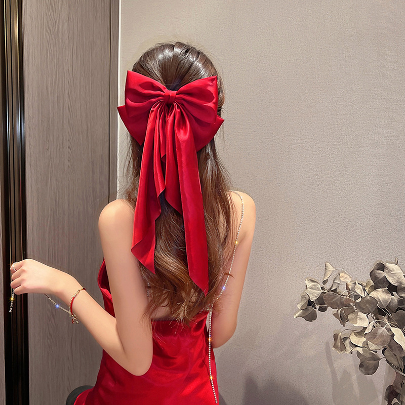 Grampo de cabelo grande laço para mulheres, monocromático cetim rabo de cavalo hairpin, streamer vermelho elegante, acessórios simples para meninas, moda