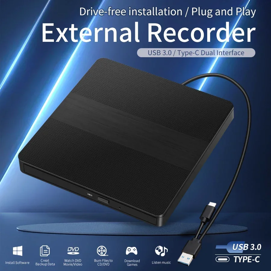 Externes 2-in-1 optisches Laufwerk USB 3.0 Typ-C Ultradünnes DVD-Brenner-Laufwerk Tragbarer RW-CD-Brenner-Lesegerät-Player für Laptop PC Mac